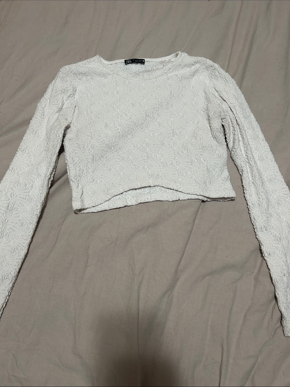 Zara White Fuzzy Long Sleeve Crop Top